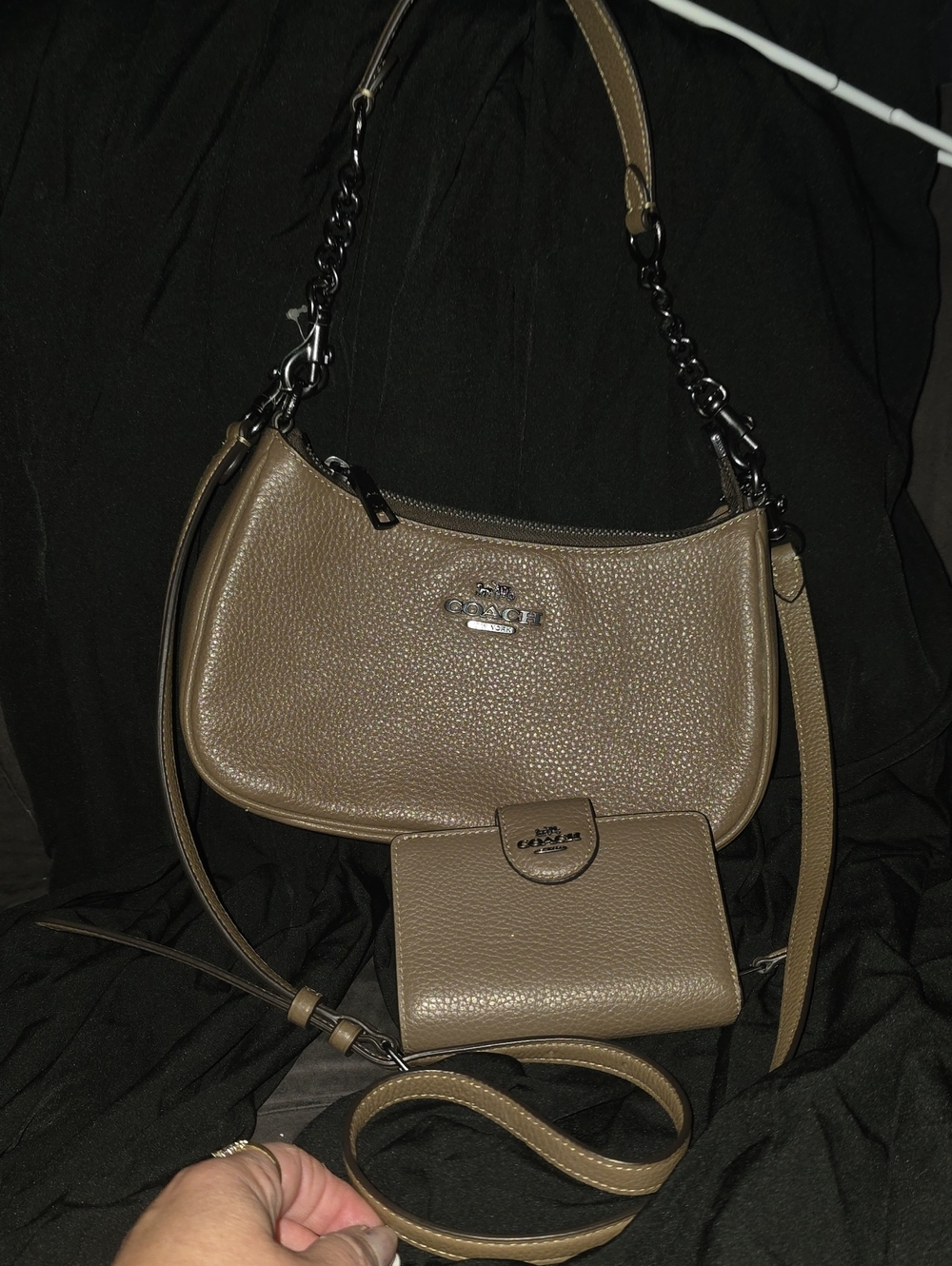 Coach Taupe Pebbled Leather Shoulder Bag with Matching Wallet